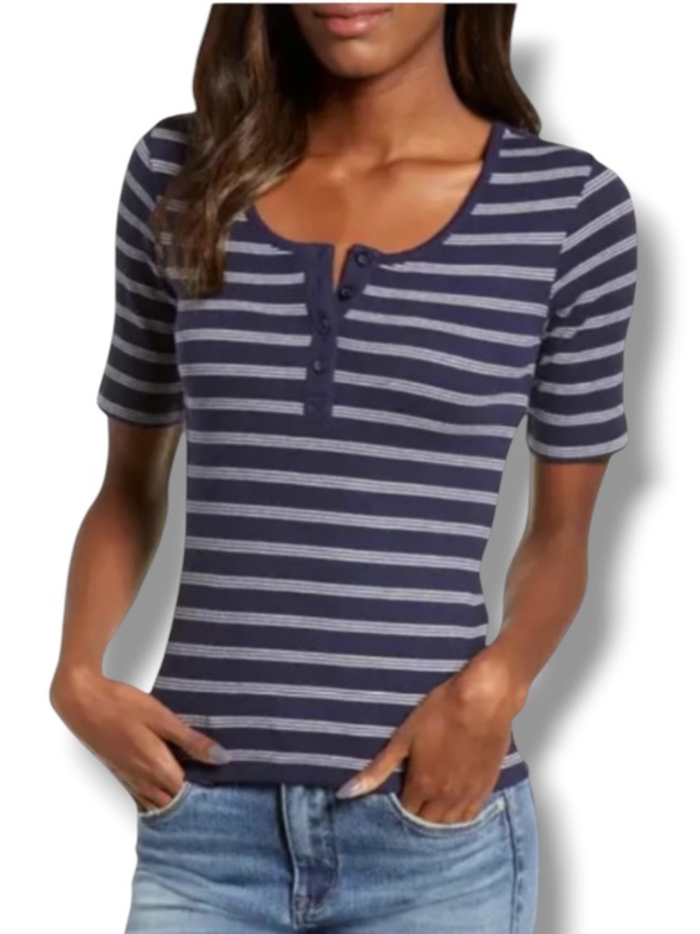 BP. Women’s Fitted Ribbed 3/4 Sleeve Blue White Striped Sweater Top